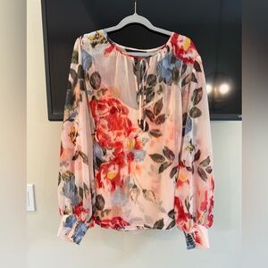 White House Black Market Floral Blouse - Red, Blue, and Cream